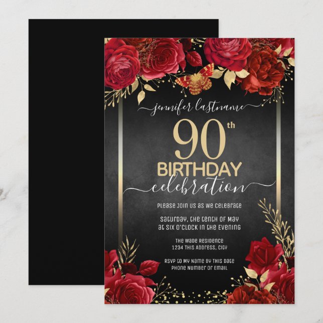 Elegant Roses 90th Birthday Invitation (Front/Back)