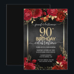 Elegant Roses 90th Birthday Invitation<br><div class="desc">Elegant Faux gold confetti highlights on the top and bottom border. Bright deep red roses with gold floral accents. All text is adjustable and easy to change for your own party needs. Great elegant  birthday template design.</div>