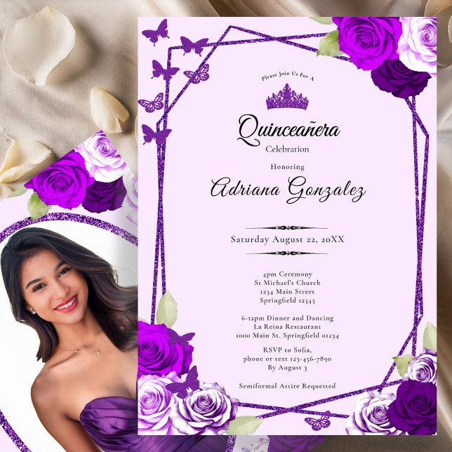 Elegant Roses and Crown Purple Quinceanera  Invitation (Creator Uploaded)
