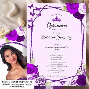 Elegant Roses and Crown Purple Quinceanera Invitation