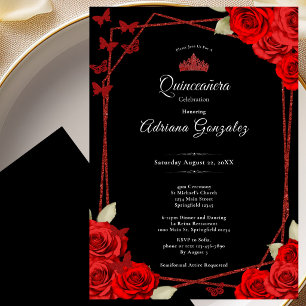 Elegant Roses and Crown Red Quinceanera Invitation