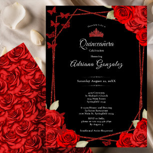 Elegant Roses and Crown Red Quinceanera Invitation