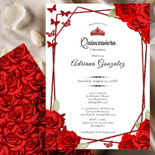 Elegant Roses and Crown Red Quinceanera Invitation