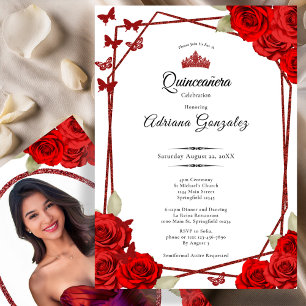Elegant Roses and Crown Red Quinceanera Invitation