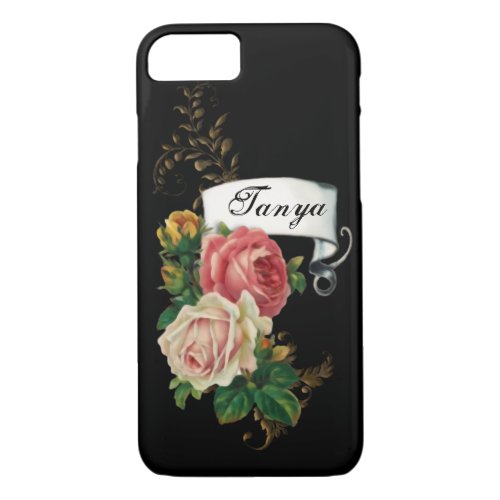 Elegant Roses and Gold Leaves Personalized iPhone 87 Case