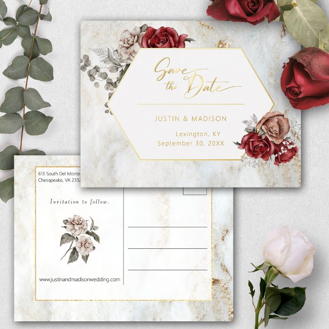 Elegant Roses and Greenery Save the Date Script Foil Invitation Postcard (Creator Uploaded)
