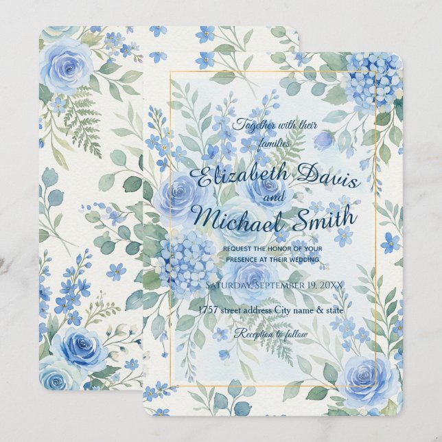 Elegant Roses and Hydrangea Botanical Design Invitation (Front/Back)