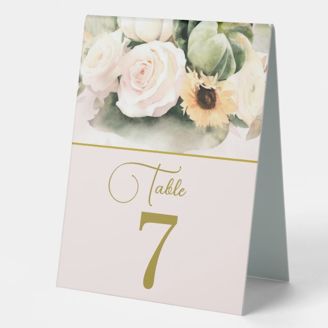 Elegant Roses and Sunflower Bouque Table Tent (Front)
