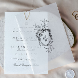 Elegant Roses Antique Calligraphy Monogram Crest Vellum Invitations