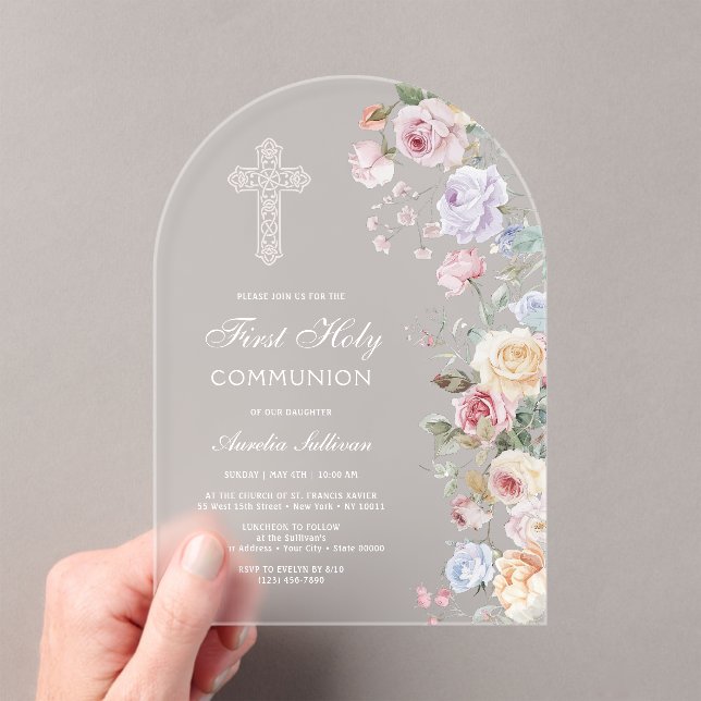 Elegant Roses Arch First Communion Acrylic Invitations (Insitu (Handheld))