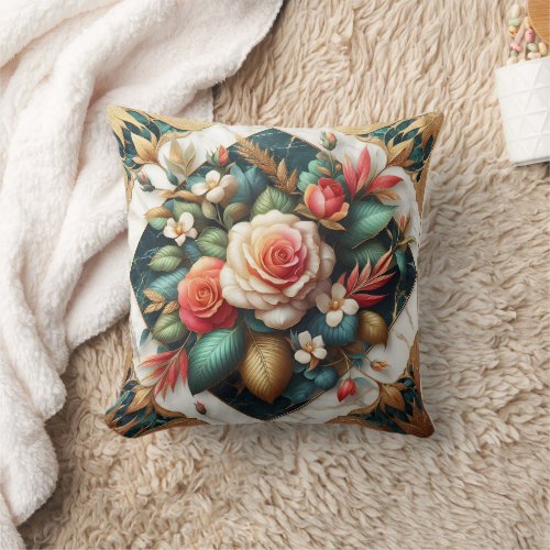 Elegant Roses Arrangement With Leafy Accents Throw Pillow