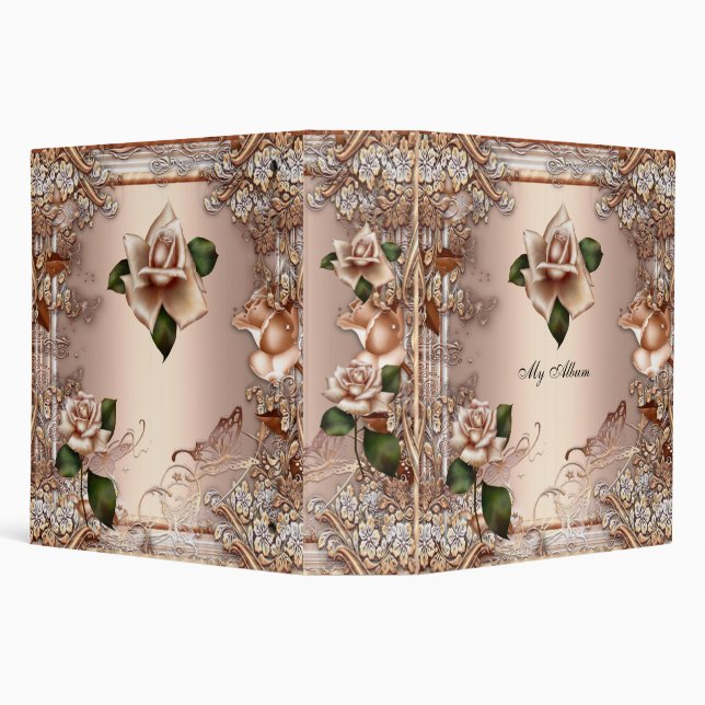 Elegant Roses Beige Cream Gold Butterfly Floral 3 Ring Binder (Background)