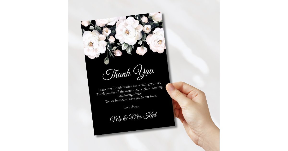 Elegant Roses Black White Floral Wedding Thank You Card | Zazzle