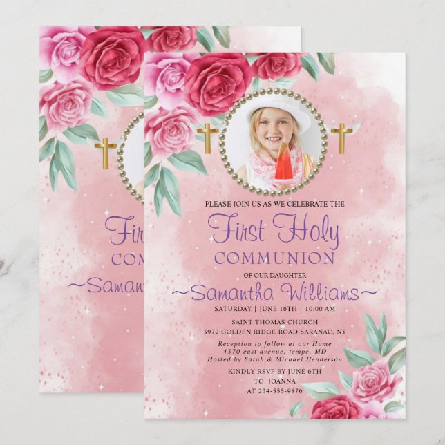 Elegant Roses Blush Photo First Communion Invitation (Front/Back)