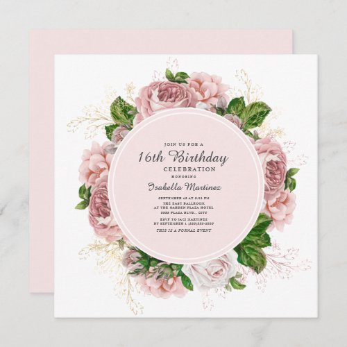 Elegant Roses Blush Pink Floral 16th Birthday Invitation