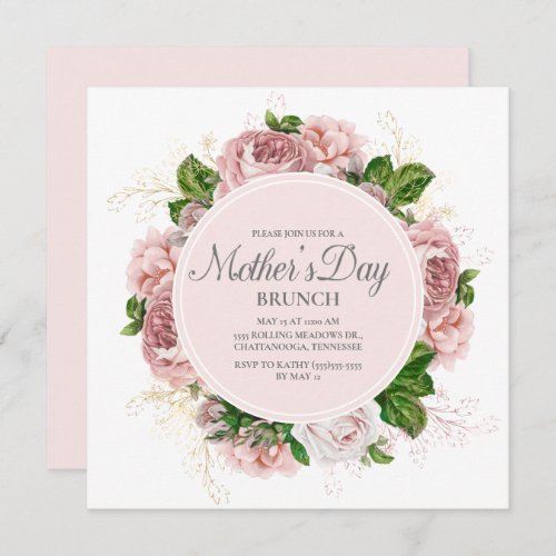 Elegant Roses Blush Pink Floral White Mothers Day Invitation