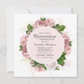 Elegant Roses Blush Pink Floral White Quinceañera Invitation (Front)