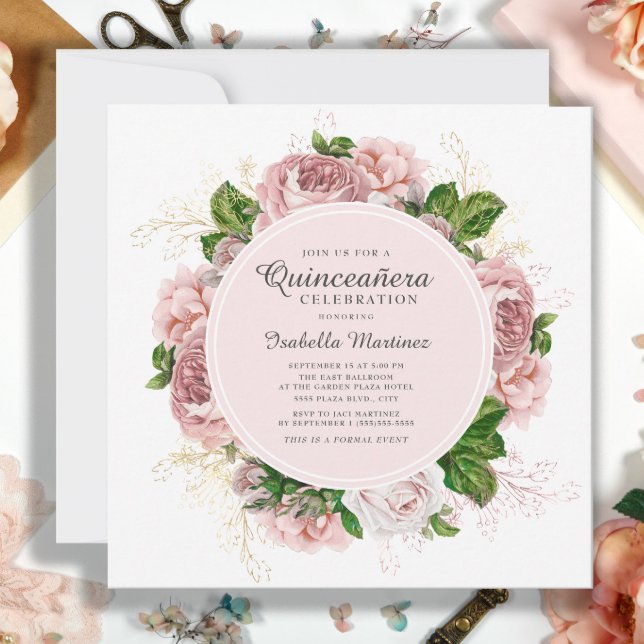 Elegant Roses Blush Pink Floral White Quinceañera Invitation