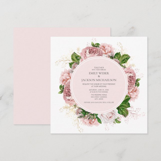 Elegant Roses Blush Pink Floral White Wedding Invitation (Front/Back)