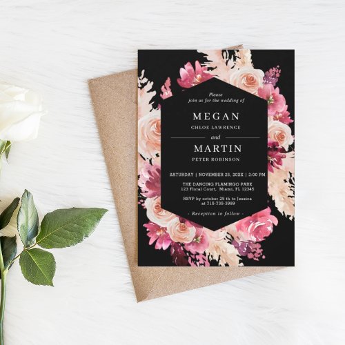 Elegant Roses Boho Wedding Black Invitation