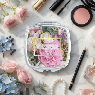 Elegant Roses Bridesmaid Gift – Custom Name Compact Mirror