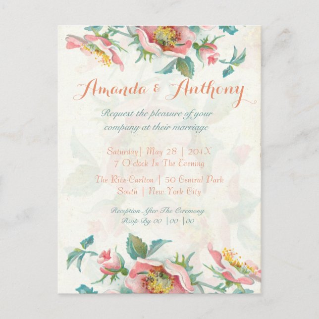 Elegant Roses Budget Wedding Invitation Postcard (Front)