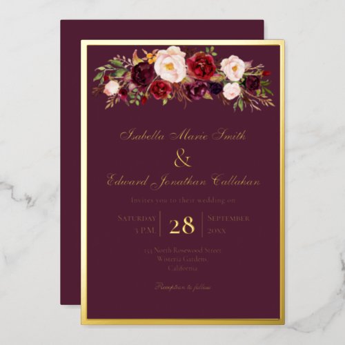 Elegant Roses Burgundy  Blush Bouquet Gold Foil Invitation