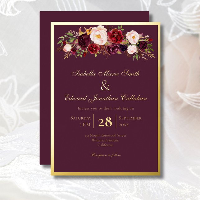 Elegant Roses Burgundy & Blush Bouquet Gold Foil Invitation (Creator Uploaded)