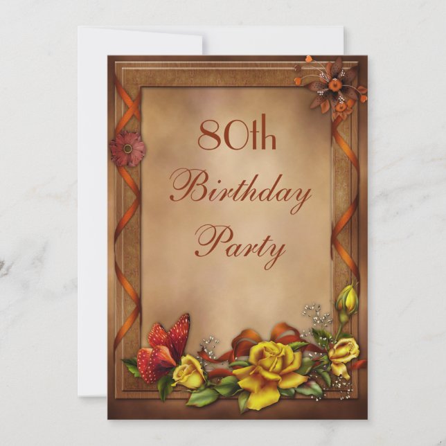 Elegant Roses & Butterfly 80th Birthday Party Invitation (Front)