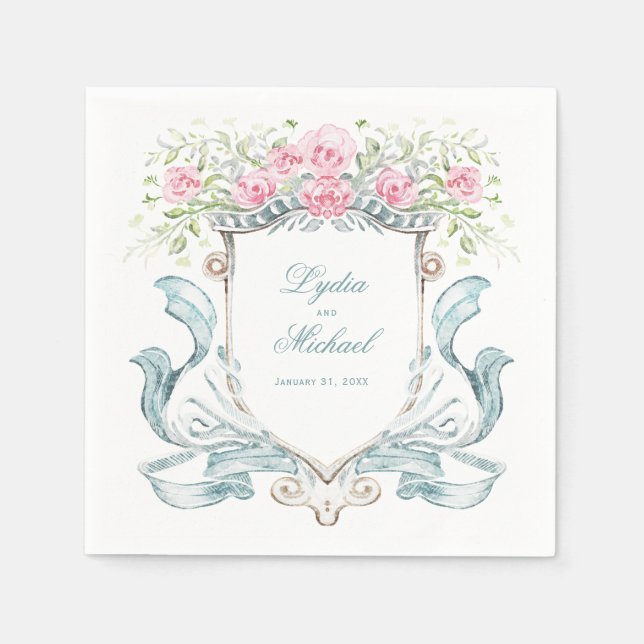 Elegant Roses Crest w/ Bow | Wedding Napkins (Front)