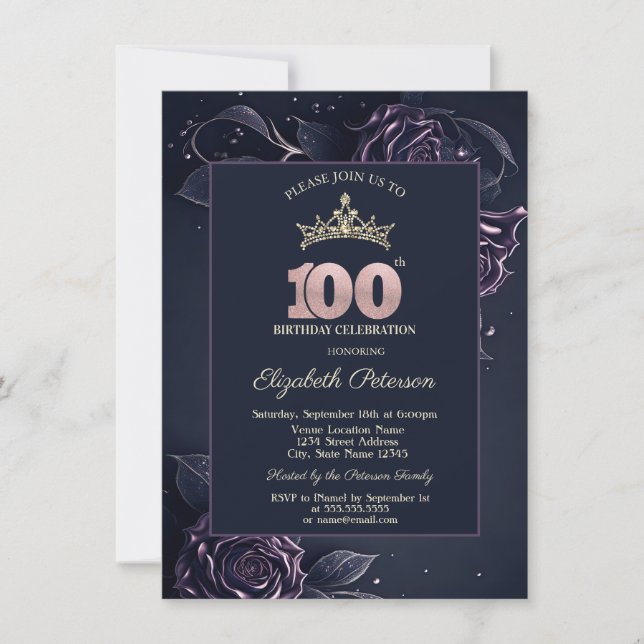 Elegant Roses Dark Gothic 100th Birthday Invitation (Front)