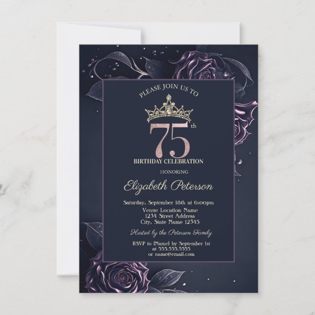 Elegant Roses Dark Gothic 75th Birthday Invitation (Front)