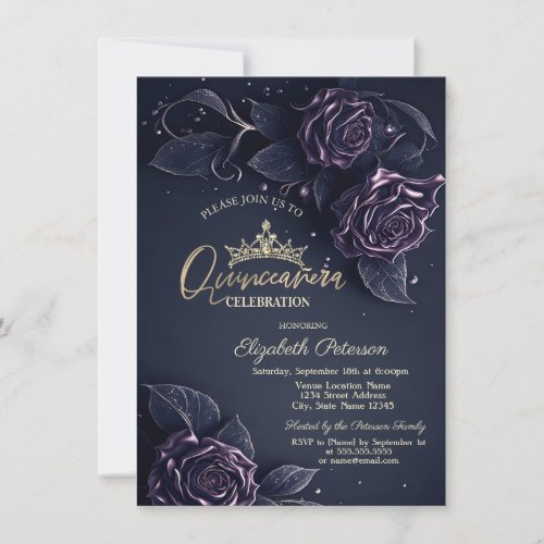 Elegant Roses Dark Gothic Quinceaera Invitation