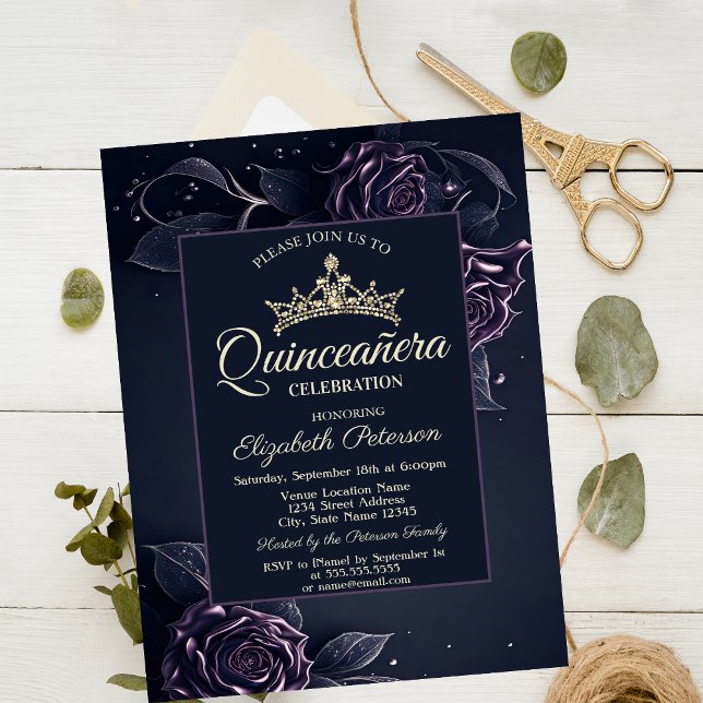 Elegant Roses Dark Gothic Quinceañera  Invitation (Creator Uploaded)