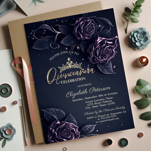 Elegant Roses Dark Gothic Quinceaera Invitation