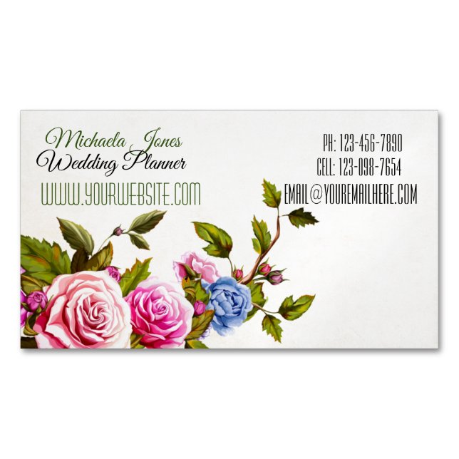Elegant Roses Designer Planner Florist Business Card Magnet (Front)