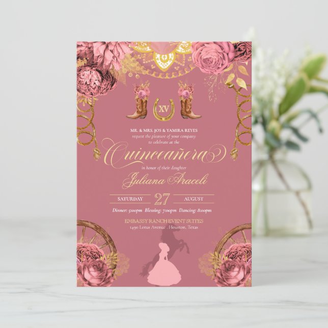 Elegant Roses Dusty Pink Charro Quinceanera Invitation (Standing Front)