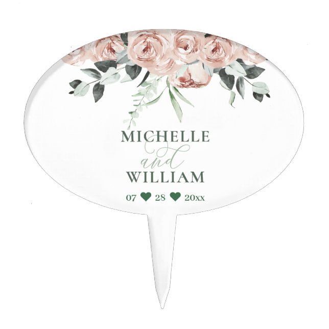Elegant Roses Eucalyptus Greenery Floral Wedding Cake Topper (Front)