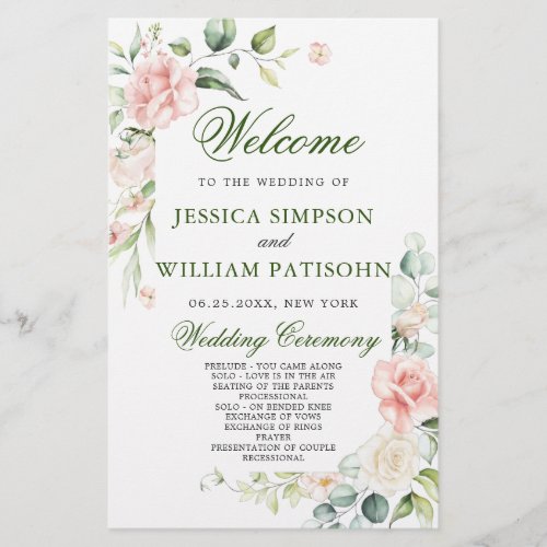 Elegant Roses Eucalyptus Wedding Ceremony Program