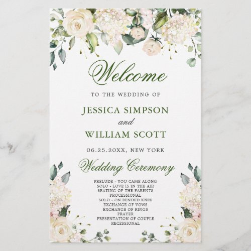 Elegant Roses Eucalyptus Wedding Ceremony Program