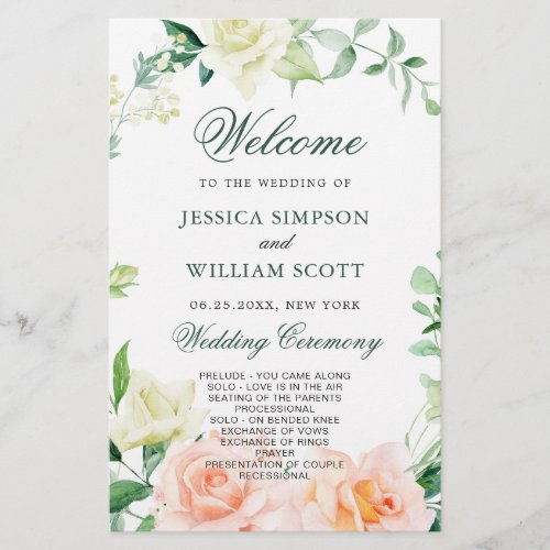 Elegant Roses Eucalyptus Wedding Ceremony Program