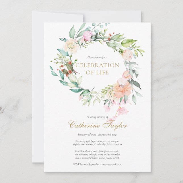 Elegant Roses Floral Celebration of Life Funeral Invitation (Front)