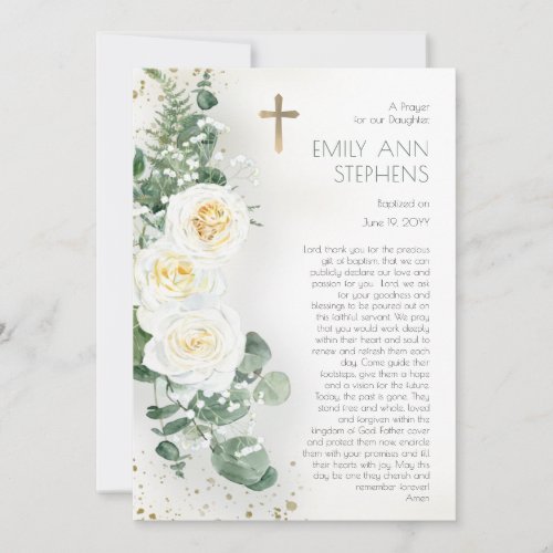 Elegant Roses Floral Girl Baptism Prayer Card