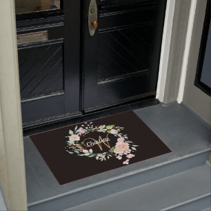 Elegant Roses Floral Gold Script Monogram Black Doormat