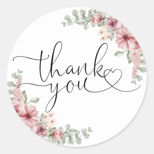 Elegant Roses Floral Heart Script Thank You Classic Round Sticker