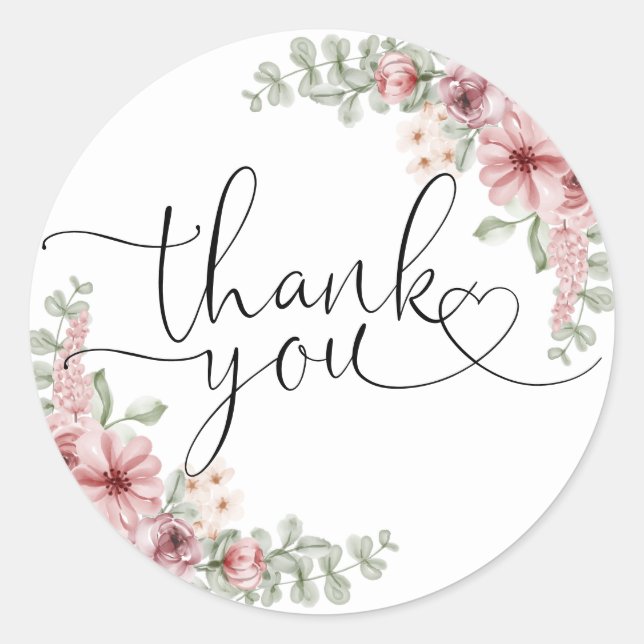 Elegant Roses Floral Heart Script Thank You Classic Round Sticker (Front)