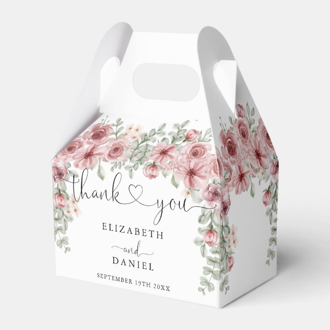 Elegant Roses Floral Heart Script Wedding Favor Boxes (Front Side)