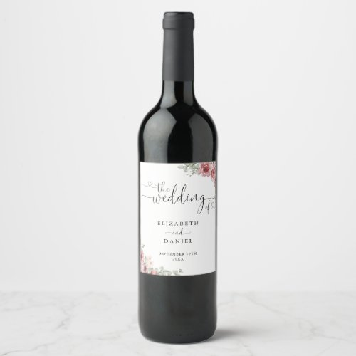 Elegant Roses Floral Heart Script Wedding Wine Label