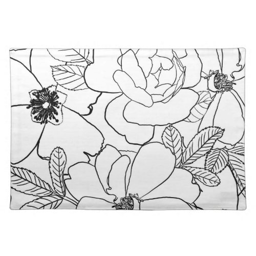 Elegant Roses Floral Line Drawing design Cloth Placemat