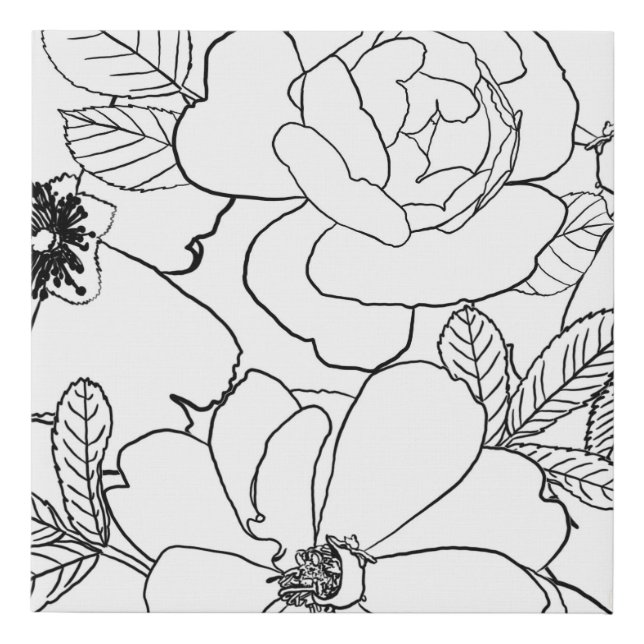 Elegant Roses Floral Line Drawing design Faux Canvas Print (Front)